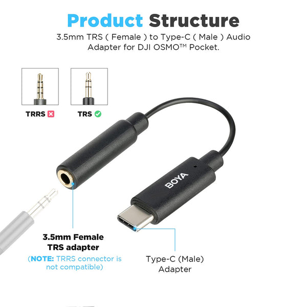 BOYA by-K6 DJI Osmo Pocket Microphone External Sound Adapter USB C to 3.5mm TRS External Microphone Audio Cable for DJI Osmo Pocket Accessories kit