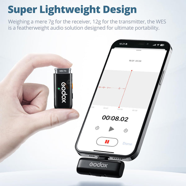 GODOX WES2 KIT2 Wireless Lavalier Microphone for Type-C, MFi Certified, Plug and Play Noise Cancelling Lapel Mic with 656ft Transmission, Charging Case, Compatible with Type-C, iPhone 15