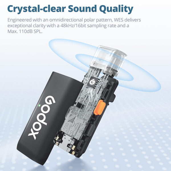 GODOX WES2 KIT2 Wireless Lavalier Microphone for Type-C, MFi Certified, Plug and Play Noise Cancelling Lapel Mic with 656ft Transmission, Charging Case, Compatible with Type-C, iPhone 15