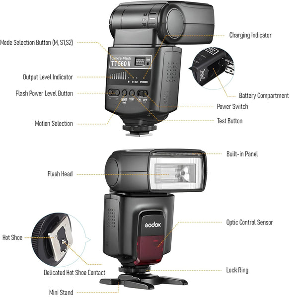 Godox TT560II Wireless Camera Flash Compatible for Canon Nikon Sony Olympus Pentax Fuji DSLR Cameras with Standard Hot Shoe