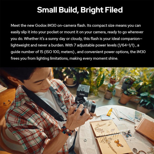 Godox iM30 Camera Flash,Mini Flash Speedlite,GN15 with 13 Levels Flash Power, CCT 6500K±200K with S1/S2 Optical Control for Fuji, for Canon, for Nikon, for Sony, for Olympus Camera