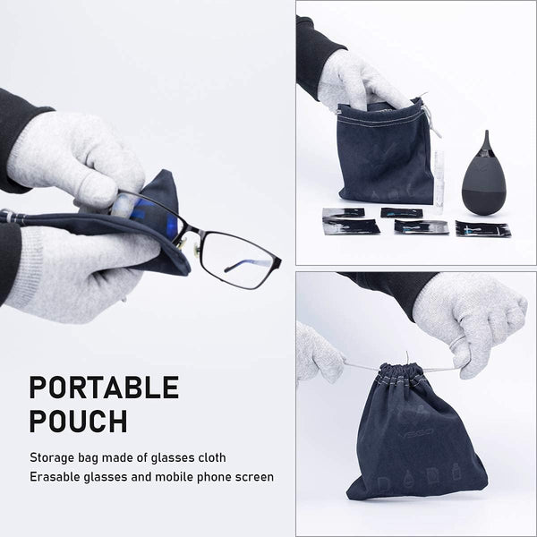 Hand using VSGO filtered air blower to clean dust from a camera lens.