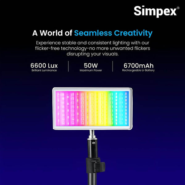 Simpex M-50R Pocket RGB Video Light, 50W Power Output with LCD Display, RGB Mode, CCT Mode, FX Mode with in-Built 6700mAh Battery