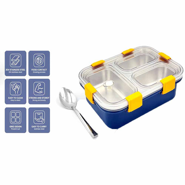 STELA 3 Compartment Stainless Steel Lunch Box, Leakage Proof Lunch Box for School Kids and Adults