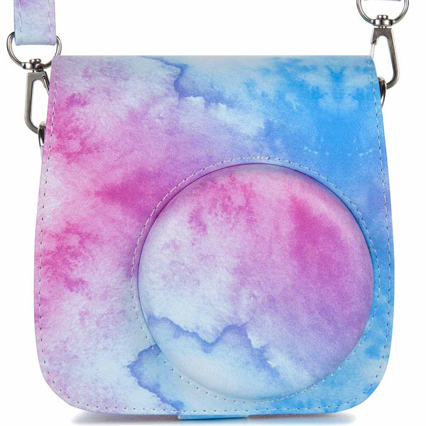 Stela Instax Mini 11/9/8 Instant Camera Premium Leather Bag with Removable and Adjustable Strap (Blue-Pink Watercolor)