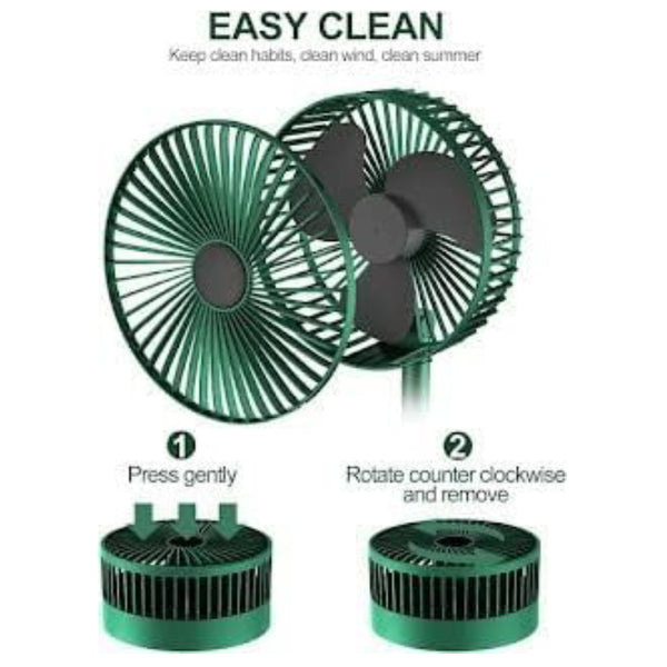 Green portable fan with cleaning instructions