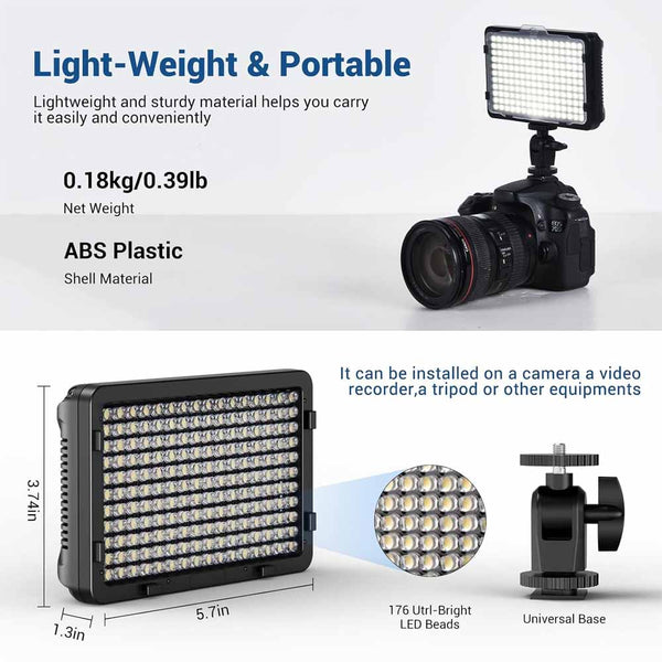 Tolifo PT-176S LED Video Light Panel – 176 LEDs, 5600K Daylight, Dimmable On-Camera Fill Light without battery