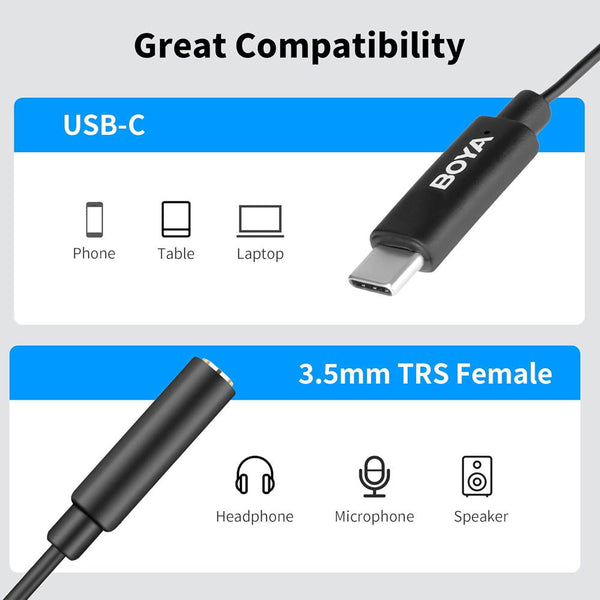 Boya by-K4 USB-C to 3.5mm (TRS) Adapter(2.4 inch),AUX to USB C Microphone/Headphone Adapter Jack Converter