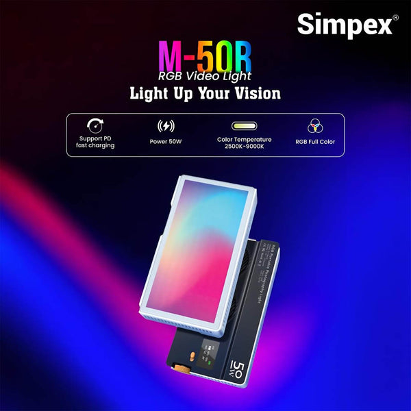 Simpex M-50R Pocket RGB Video Light, 50W Power Output with LCD Display, RGB Mode, CCT Mode, FX Mode with in-Built 6700mAh Battery