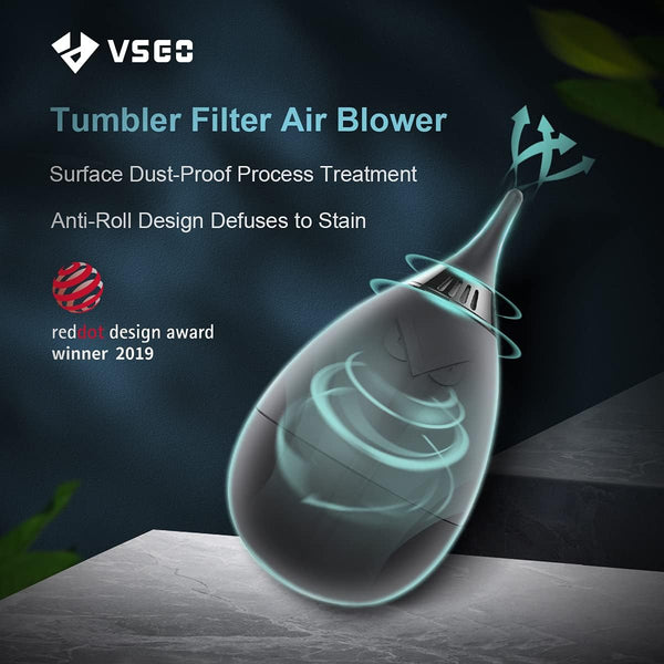 Tumbler Filter Air Blower with VSGO branding and design award text on a dark background