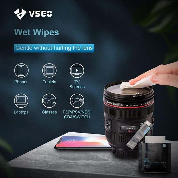 VSGO wet wipes with a lens cleaning demonstration on a dark background