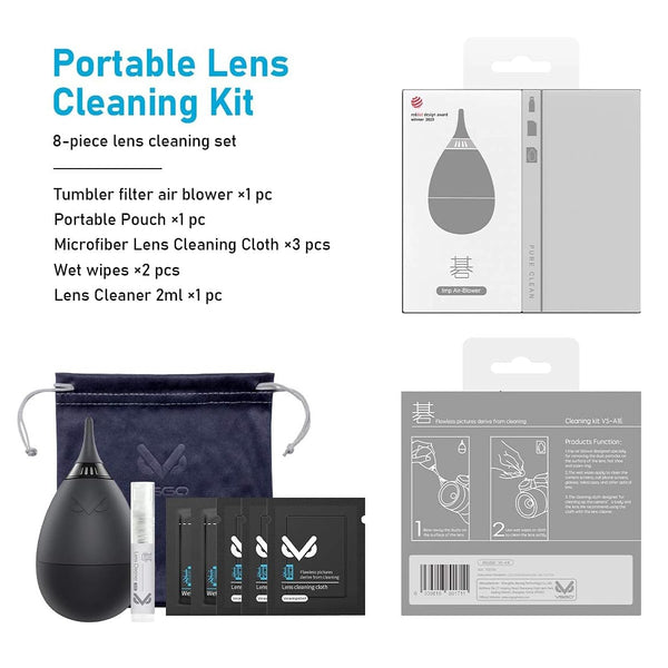 Portable lens cleaning kit with air blower, pouch, and cleaning cloths.