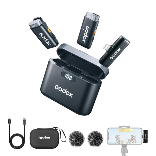 GODOX WES1 Kit2 Wireless Lavalier Microphone Compatible with iPhone/Lighting, Dual Channel 2.4G Wireless Mic, 8H Battery Life, 200m(656ft.) Range, Noise Cancelling with Charging Case for Vlogging