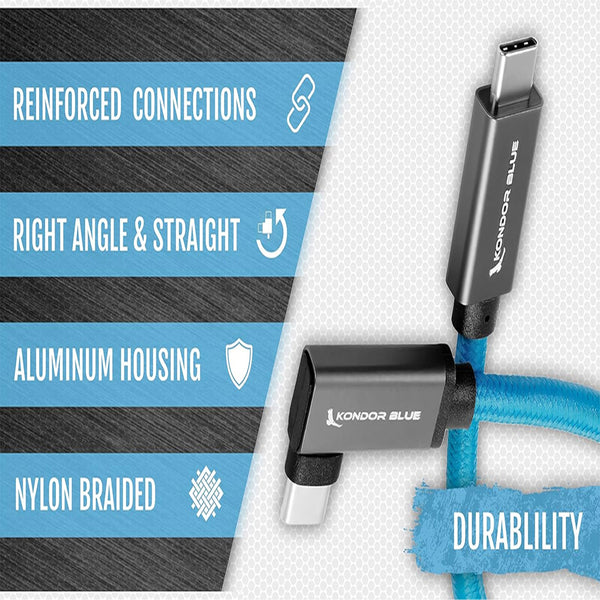 Kondor Blue USB C to USB C Right Angle 12" straight cable