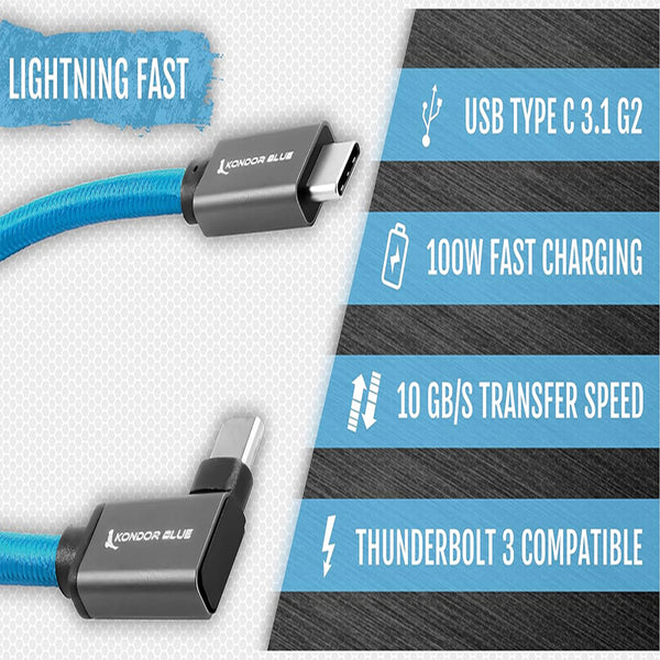 Kondor Blue USB C to USB C Right Angle 12" straight cable