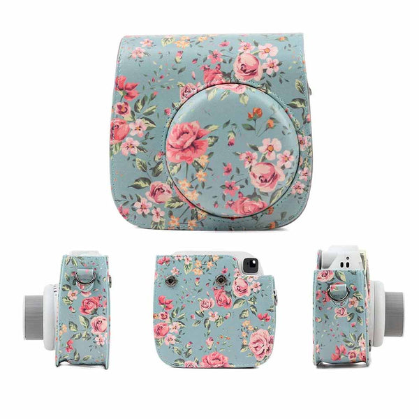 STELA PU Leather Camera Case Compatible with Fujifilm Instant Mini 11 Instant Camera with Adjustable Strap (Blue Rose)