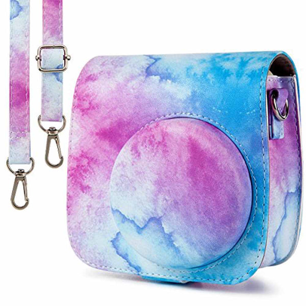 Stela Instax Mini 11/9/8 Instant Camera Premium Leather Bag with Removable and Adjustable Strap (Blue-Pink Watercolor)